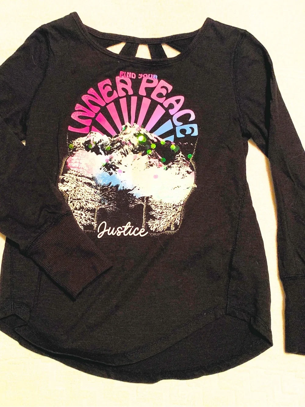 Justice Black Long-Sleeve 'Lovely Peace' Graphic Tee with Neon Accents